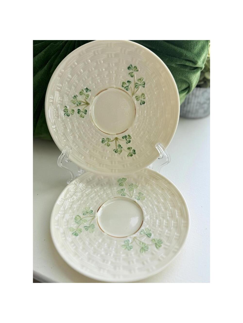 Vintage Belleek Shamrock Saucers | Pair of Irish Basketweave China Saucers